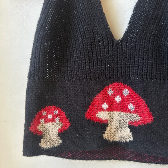 Black Knit Halter Top with Red Mushrooms - Picture 2 of 6